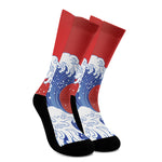 Red Sun Japanese Wave Print Crew Socks