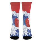 Red Sun Japanese Wave Print Crew Socks