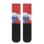 Red Sun Japanese Wave Print Crew Socks