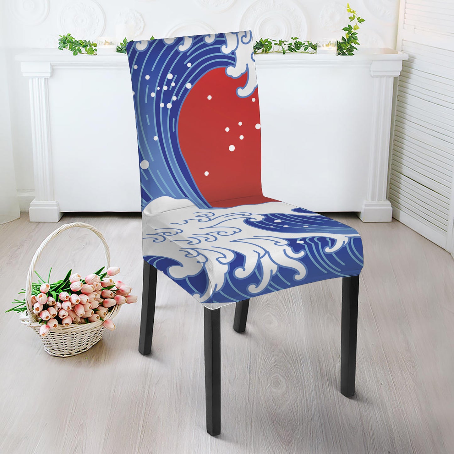 Red Sun Japanese Wave Print Dining Chair Slipcover