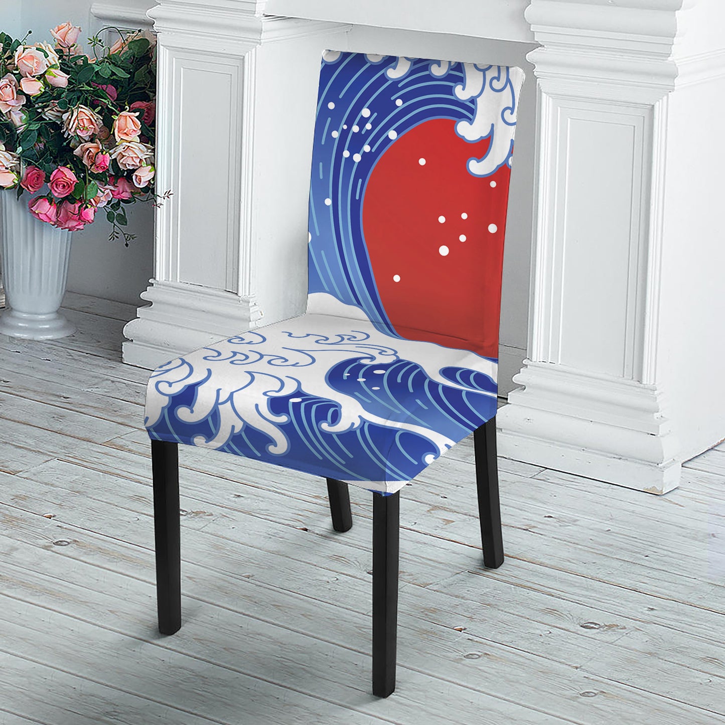 Red Sun Japanese Wave Print Dining Chair Slipcover