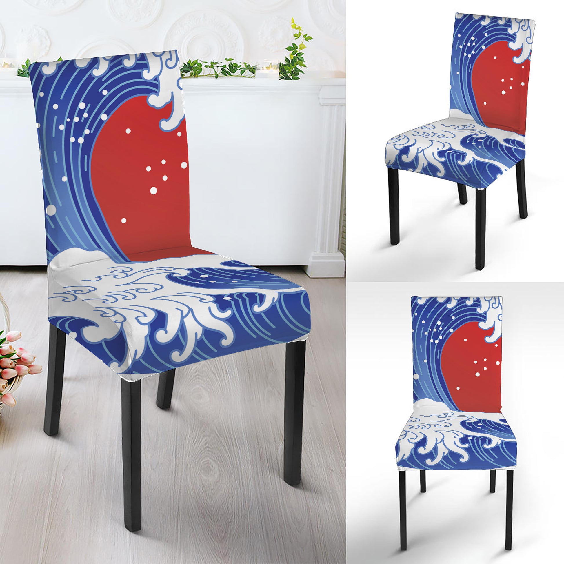 Red Sun Japanese Wave Print Dining Chair Slipcover
