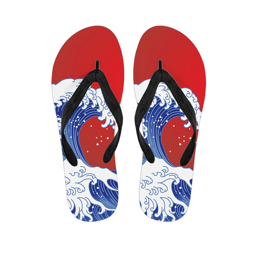 Red Sun Japanese Wave Print Flip Flops