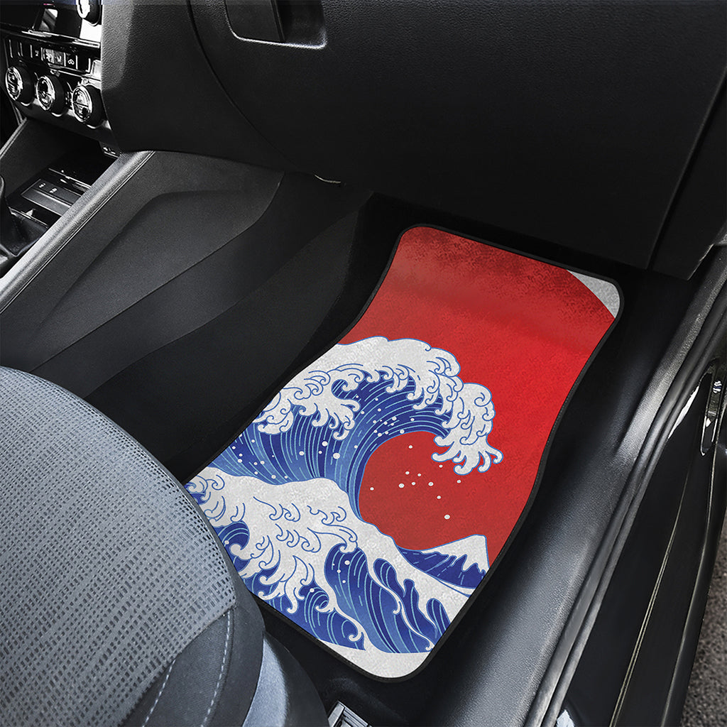 Red Sun Japanese Wave Print Front and Back Car Floor Mats