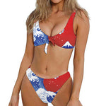 Red Sun Japanese Wave Print Front Bow Tie Bikini
