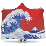 Red Sun Japanese Wave Print Hooded Blanket