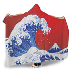 Red Sun Japanese Wave Print Hooded Blanket