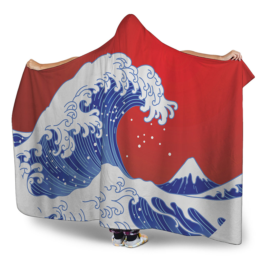 Red Sun Japanese Wave Print Hooded Blanket
