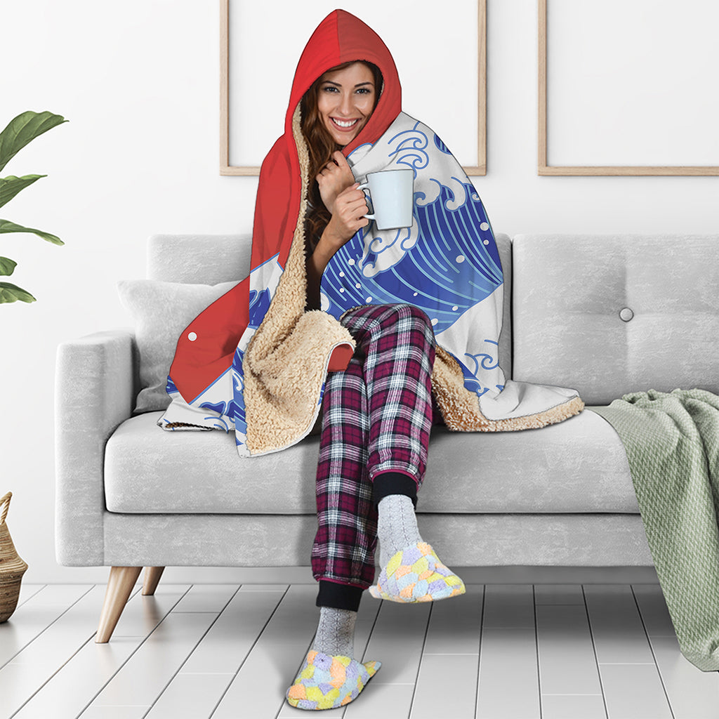 Red Sun Japanese Wave Print Hooded Blanket