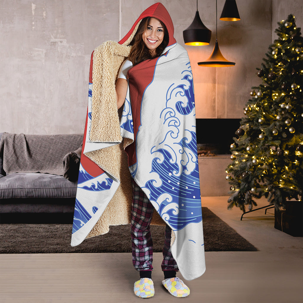 Red Sun Japanese Wave Print Hooded Blanket