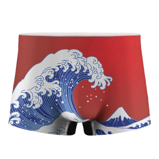 Red Sun Japanese Wave Print Men's Boxer Briefs