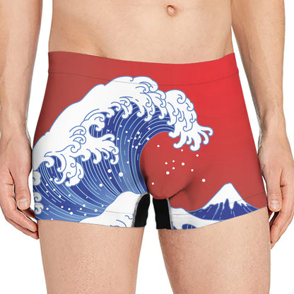 Red Sun Japanese Wave Print Men's Boxer Briefs