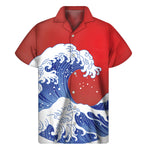 Red Sun Japanese Wave Print Men's Short Sleeve Shirt