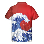 Red Sun Japanese Wave Print Men's Short Sleeve Shirt