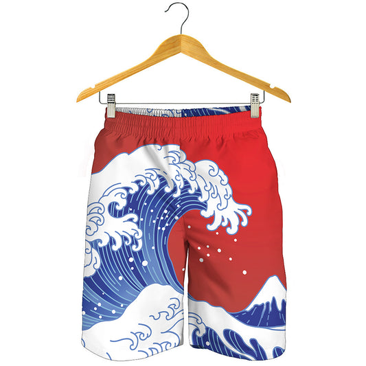 Red Sun Japanese Wave Print Men's Shorts