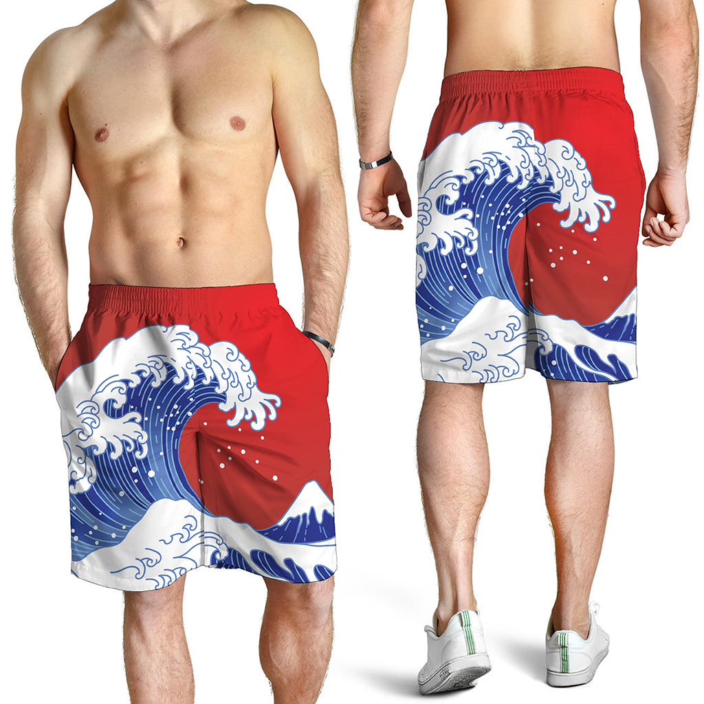Red Sun Japanese Wave Print Men's Shorts