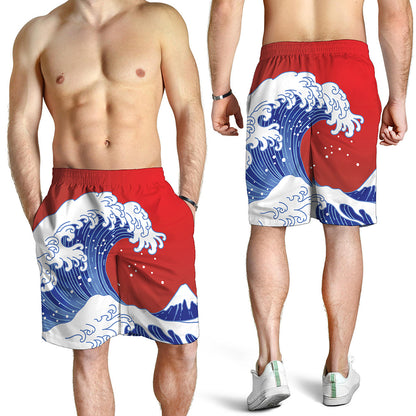 Red Sun Japanese Wave Print Men's Shorts