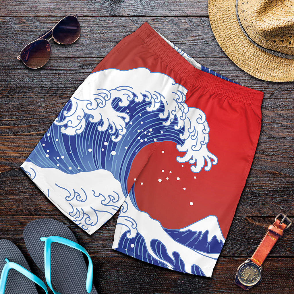 Red Sun Japanese Wave Print Men's Shorts