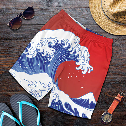 Red Sun Japanese Wave Print Men's Shorts