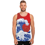 Red Sun Japanese Wave Print Men's Tank Top