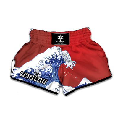 Red Sun Japanese Wave Print Muay Thai Boxing Shorts