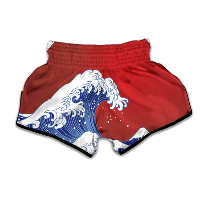 Red Sun Japanese Wave Print Muay Thai Boxing Shorts