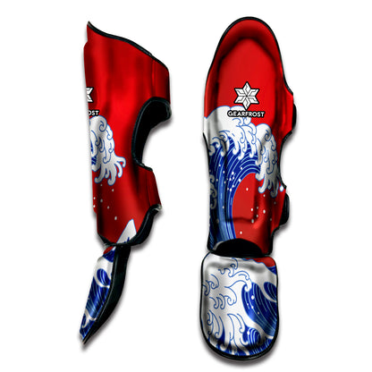 Red Sun Japanese Wave Print Muay Thai Shin Guard