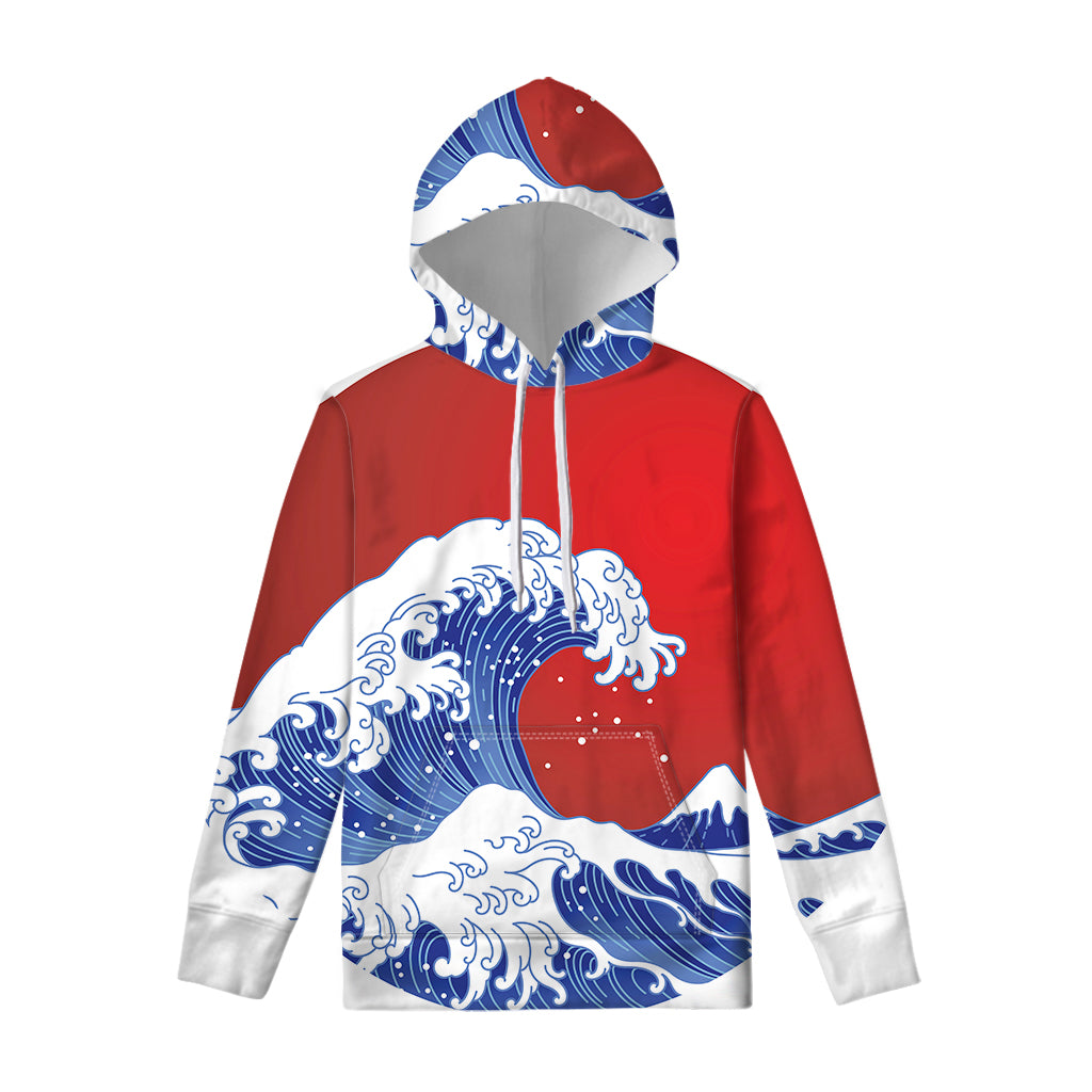 Red Sun Japanese Wave Print Pullover Hoodie