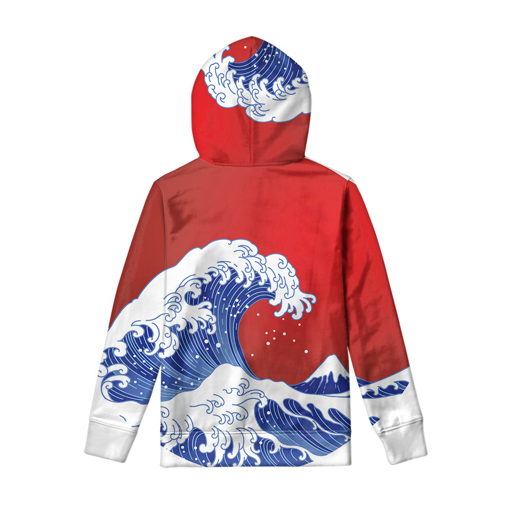 Red Sun Japanese Wave Print Pullover Hoodie