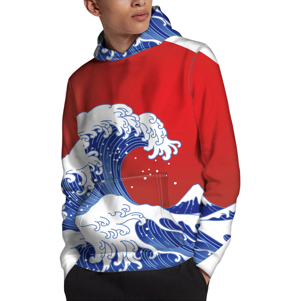 Red Sun Japanese Wave Print Pullover Hoodie