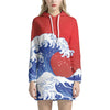 Red Sun Japanese Wave Print Pullover Hoodie Dress