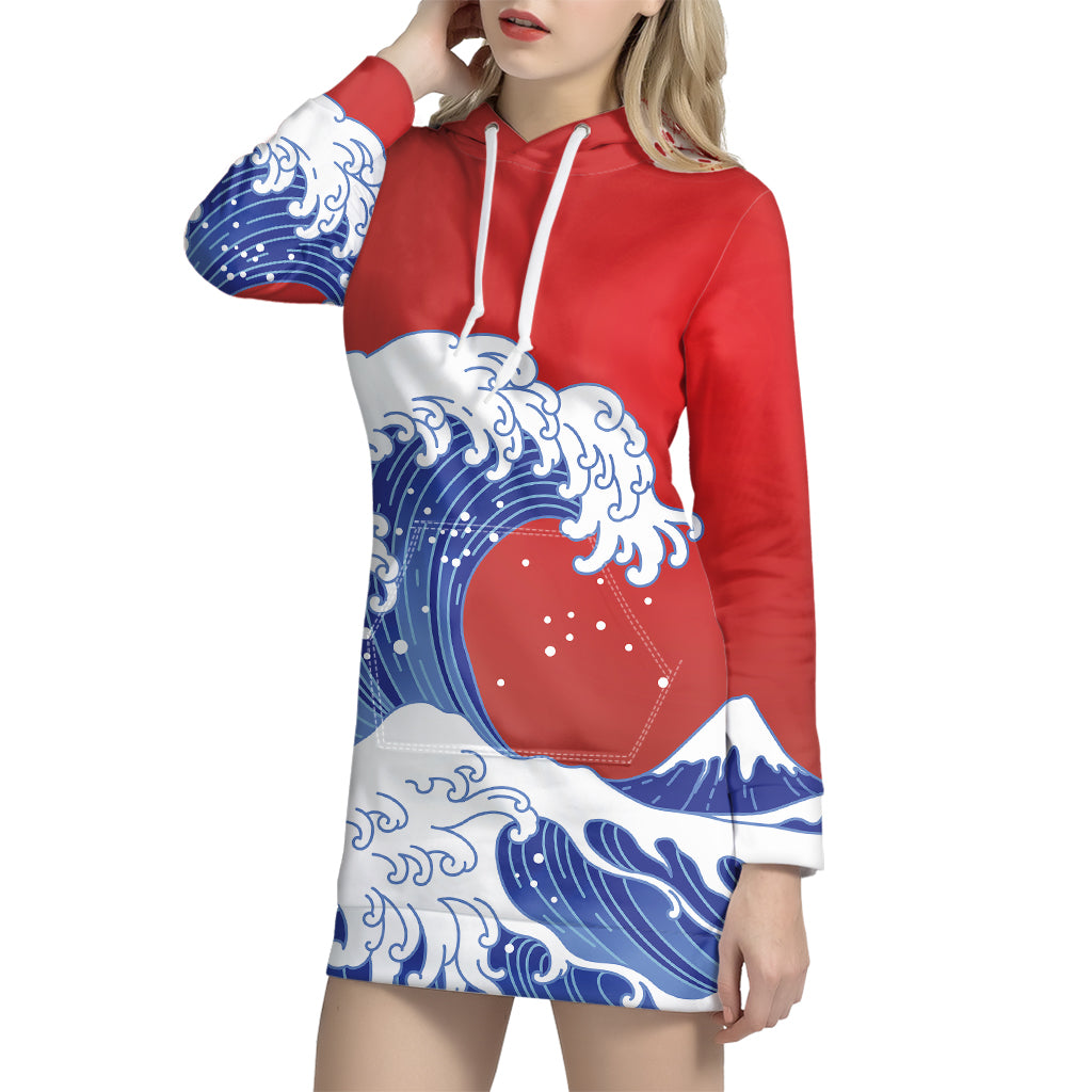 Red Sun Japanese Wave Print Pullover Hoodie Dress