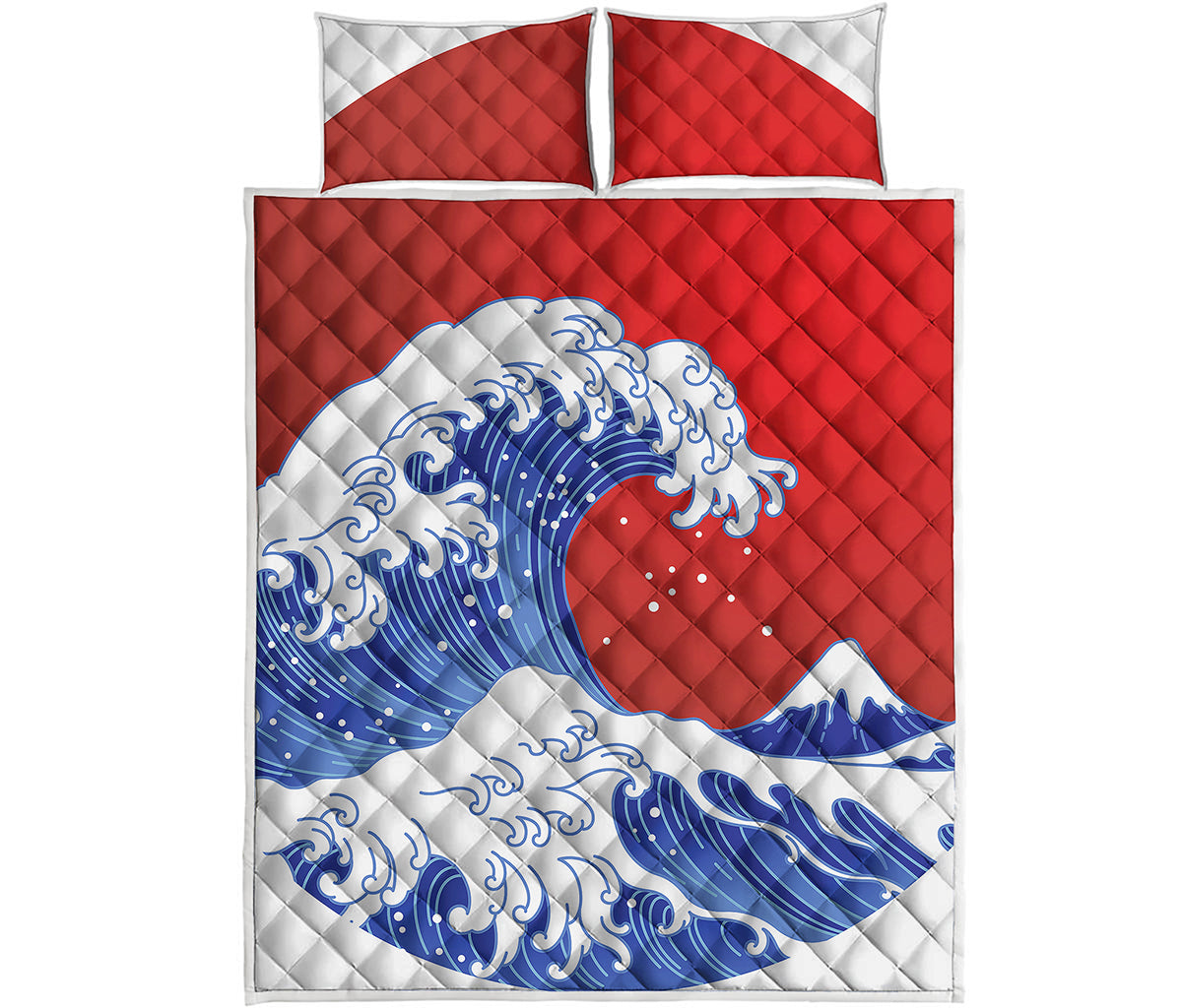 Red Sun Japanese Wave Print Quilt Bed Set