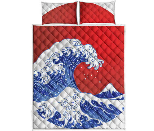 Red Sun Japanese Wave Print Quilt Bed Set