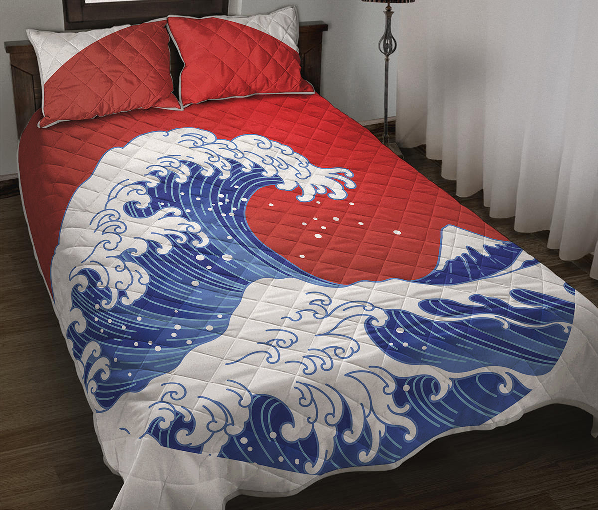 Red Sun Japanese Wave Print Quilt Bed Set