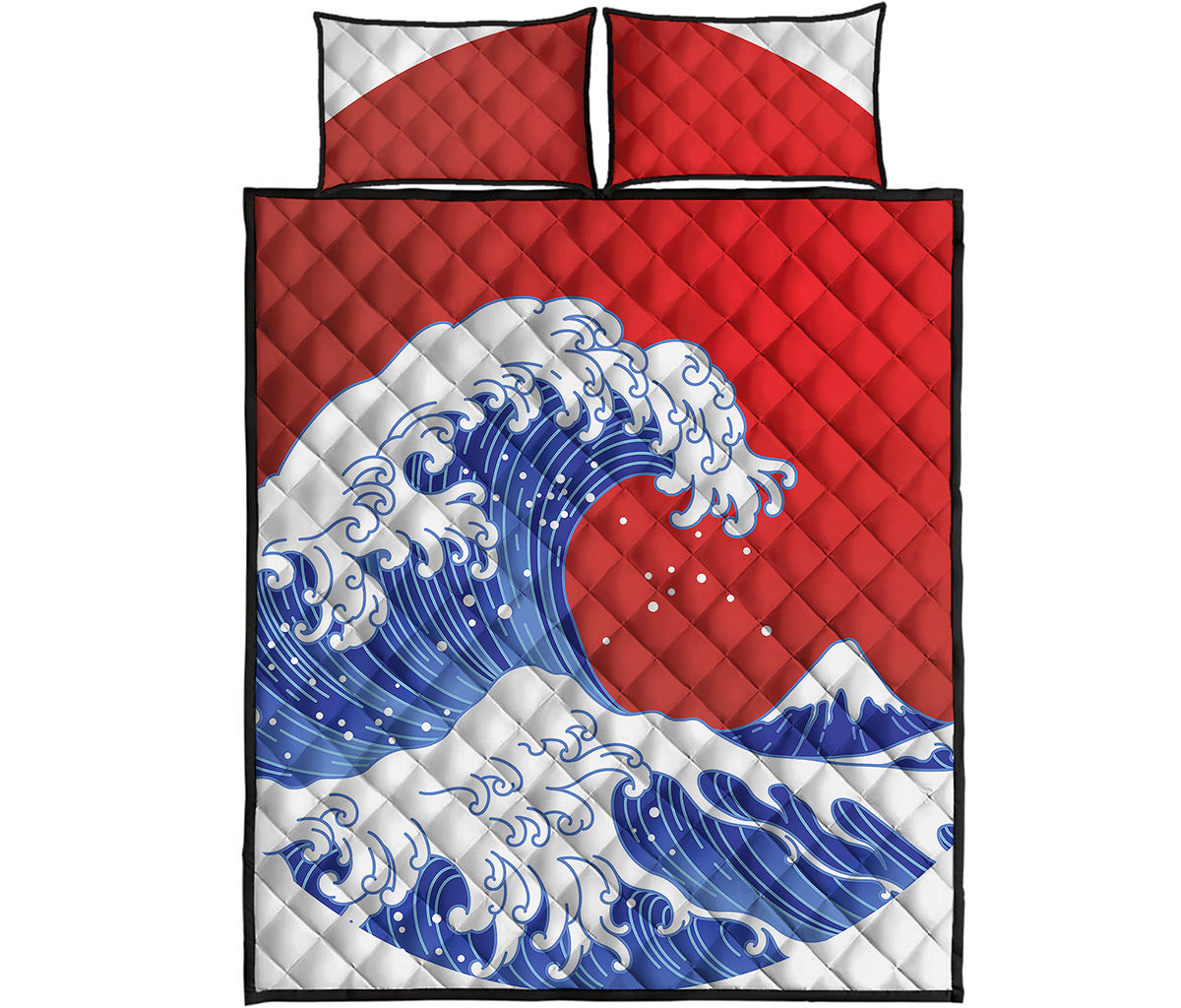 Red Sun Japanese Wave Print Quilt Bed Set