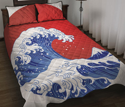 Red Sun Japanese Wave Print Quilt Bed Set
