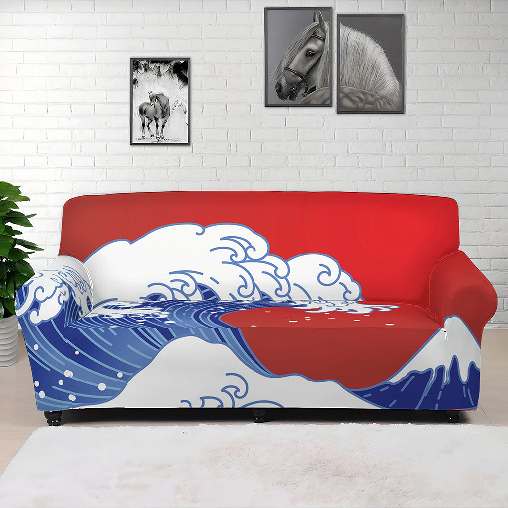 Red Sun Japanese Wave Print Sofa Cover