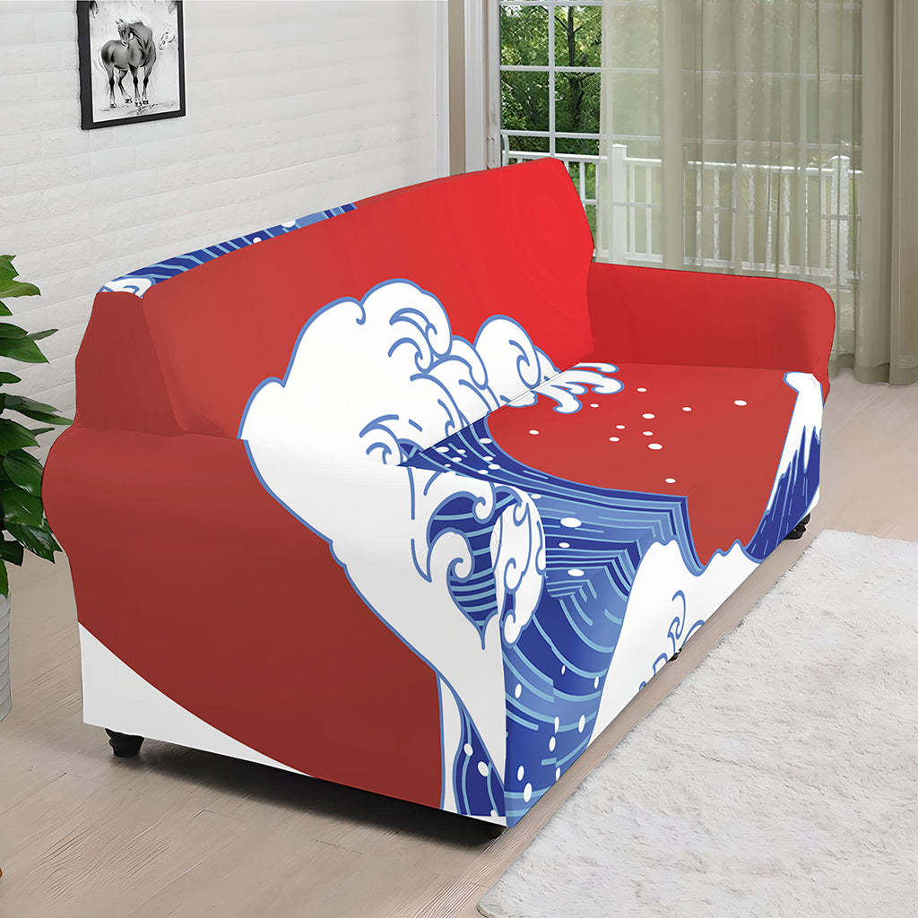 Red Sun Japanese Wave Print Sofa Cover