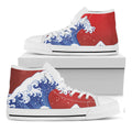 Red Sun Japanese Wave Print White High Top Sneakers