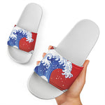 Red Sun Japanese Wave Print White Slide Sandals