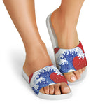 Red Sun Japanese Wave Print White Slide Sandals