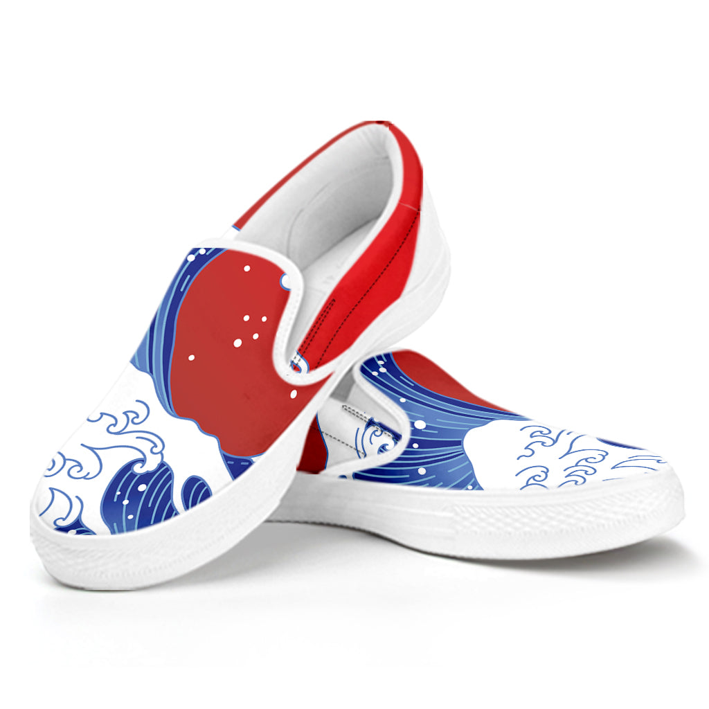 Red Sun Japanese Wave Print White Slip On Shoes