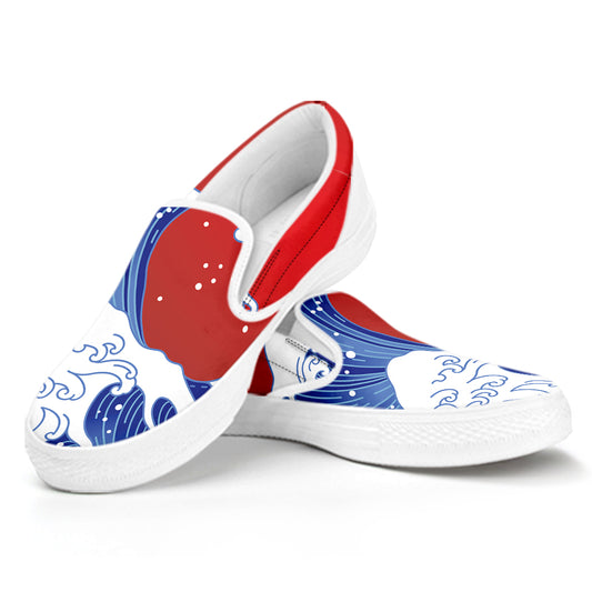 Red Sun Japanese Wave Print White Slip On Shoes