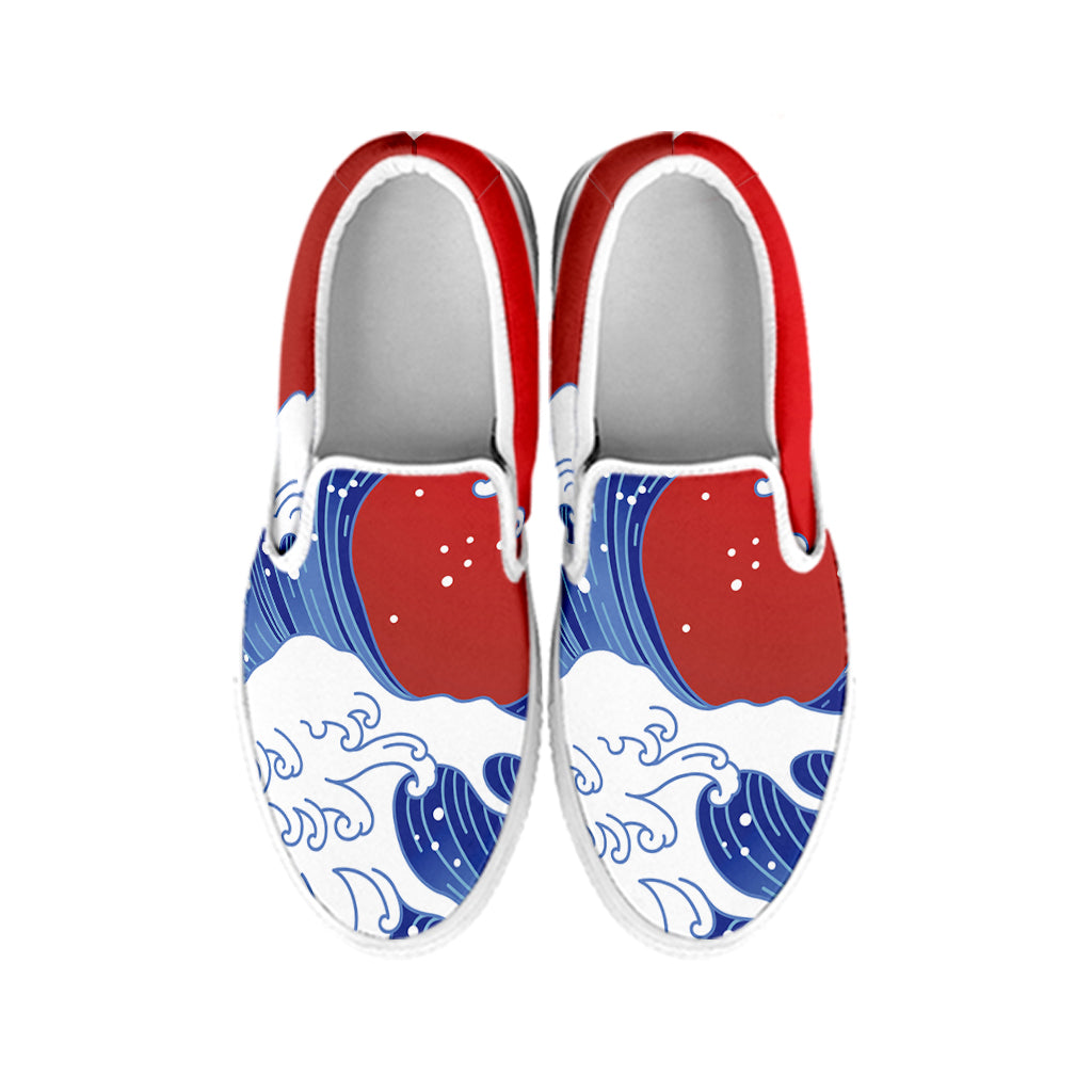 Red Sun Japanese Wave Print White Slip On Shoes