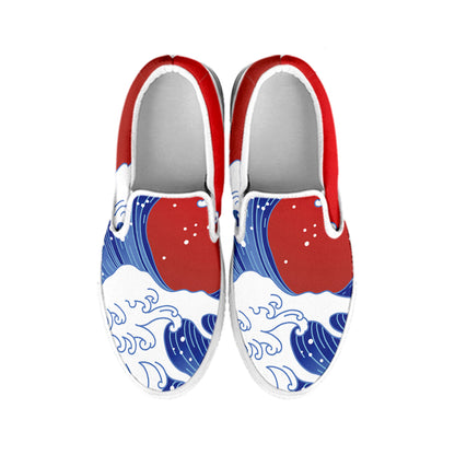 Red Sun Japanese Wave Print White Slip On Shoes