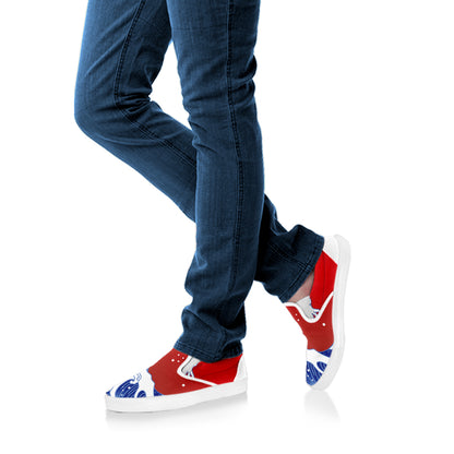 Red Sun Japanese Wave Print White Slip On Shoes