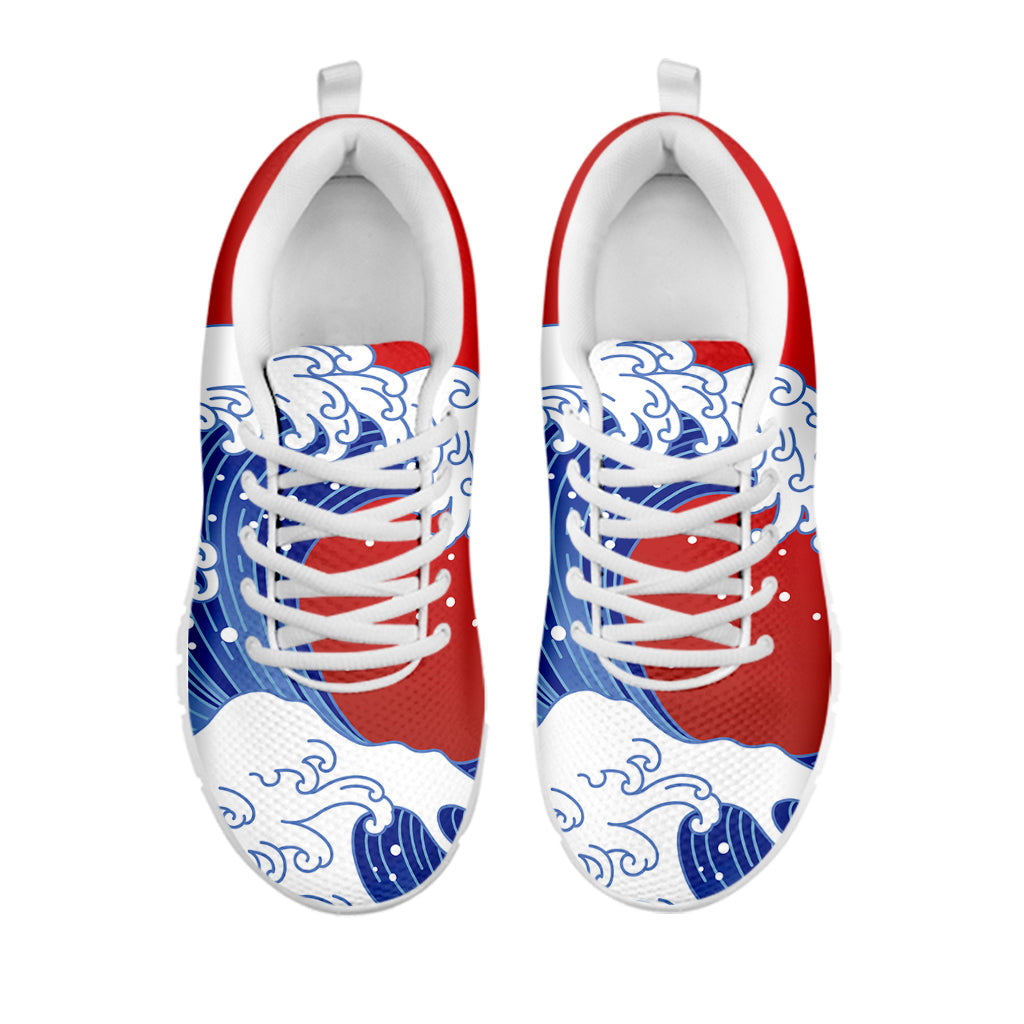 Red Sun Japanese Wave Print White Sneakers