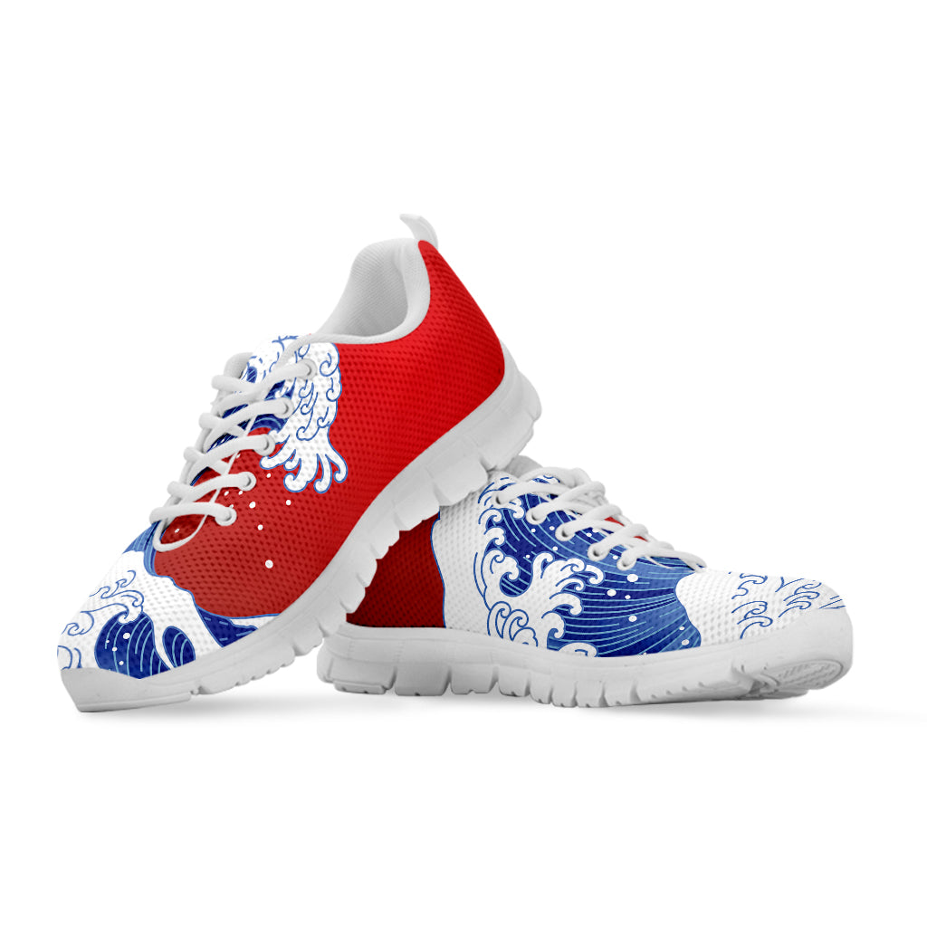 Red Sun Japanese Wave Print White Sneakers