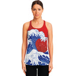 Red Sun Japanese Wave Print Women's Racerback Tank Top